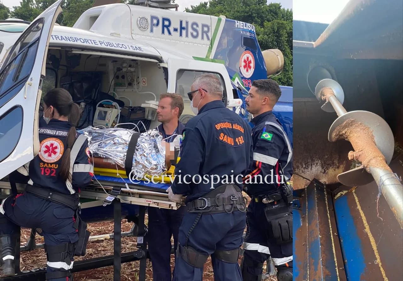 Homem é socorrido de helicóptero após acidente de trabalho com colheitadeira na área rural de Doutor Camargo
