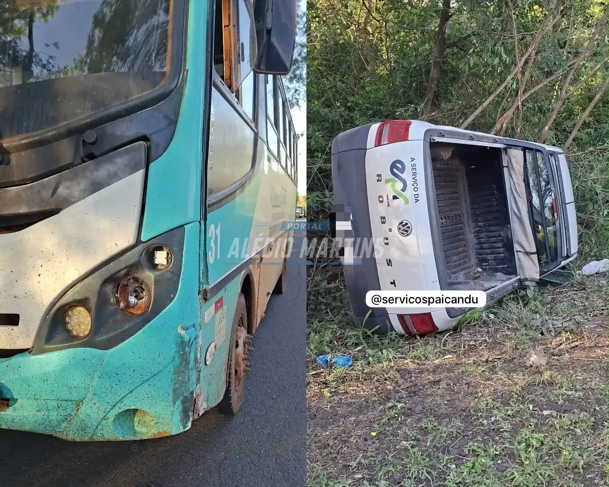 Saveiro com trabalhadores de concessionária tomba após colisão com ônibus na PR-323, em Jussara
