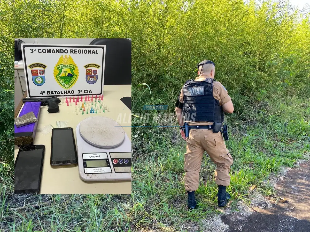 Abordagem a suspeito termina em perseguição policial em Paiçandu. Drogas e simulacro foram apreendidos