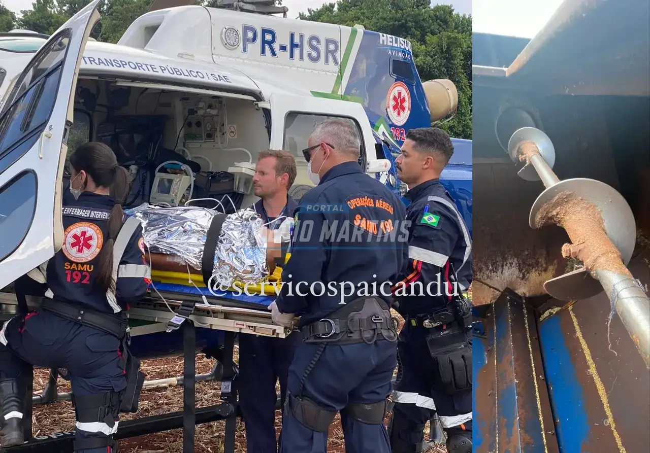 Homem é socorrido de helicóptero após acidente de trabalho com colheitadeira na área rural de Doutor Camargo