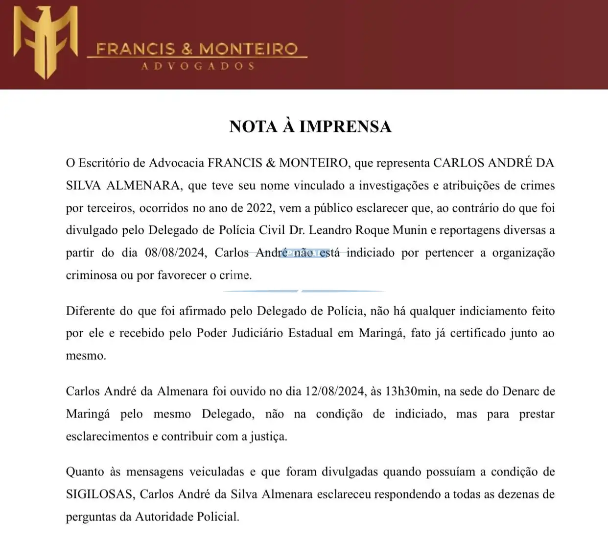 Advogados de André Almenara divulgam, nota à imprensa