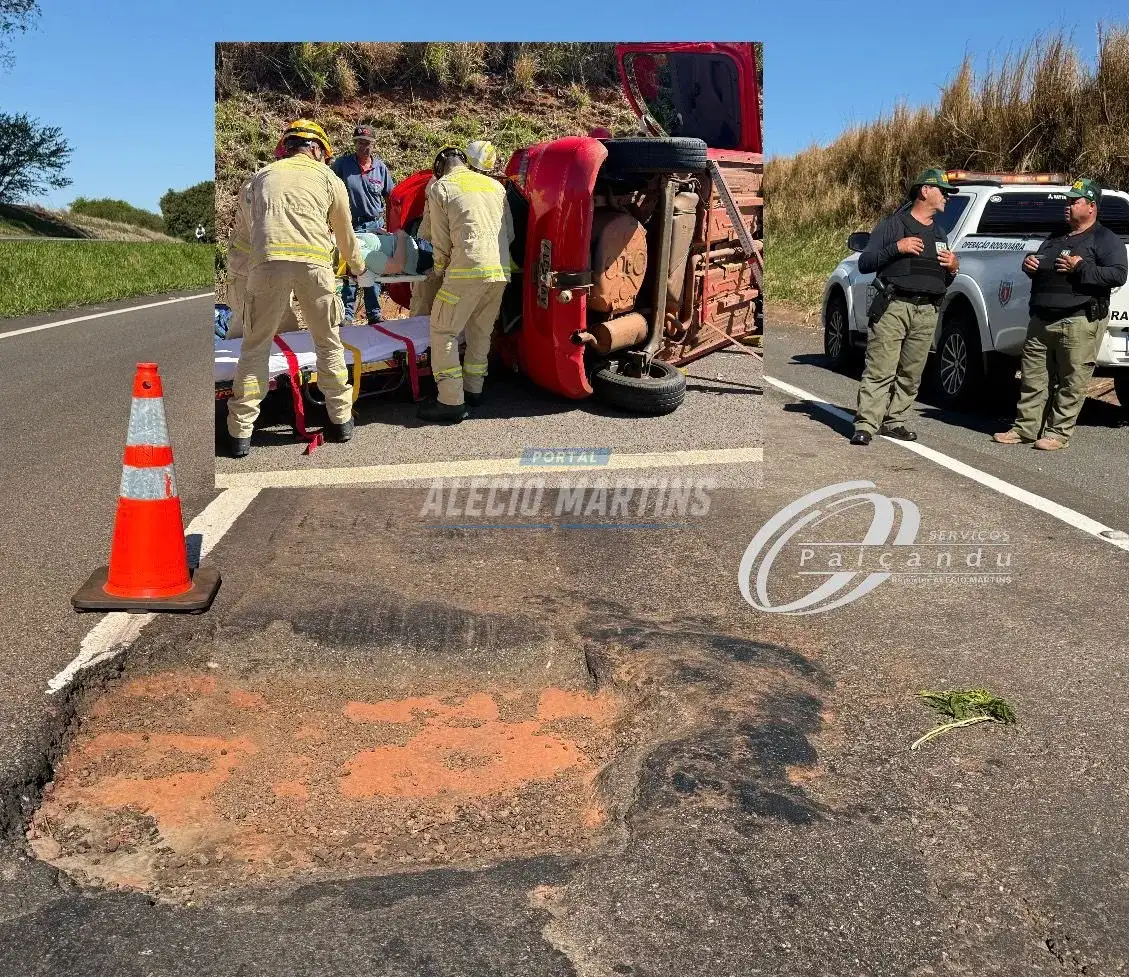 Buraco na rodovia PR-323 provoca capotamento entre Água e Paiçandu. Uma mulher foi socorrida de helicóptero